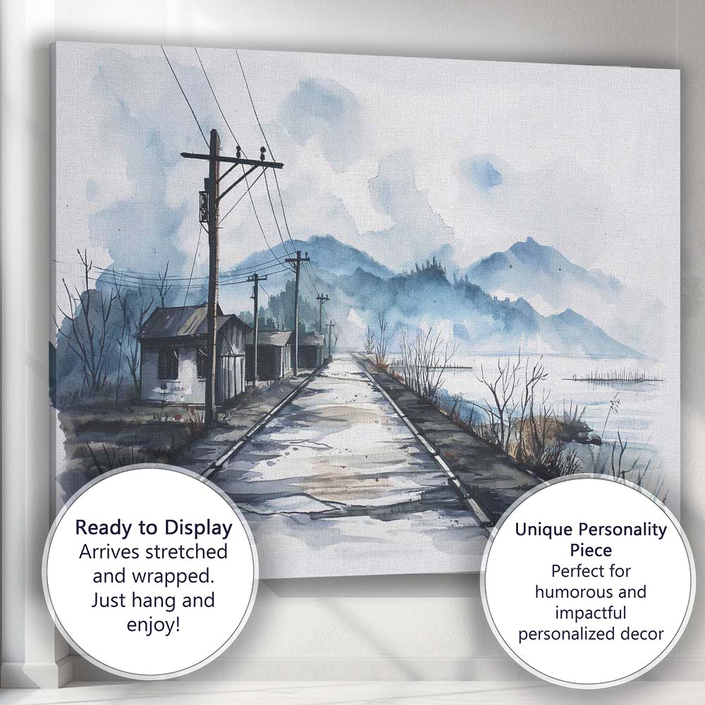Rustic Lakeside Road Watercolour Village Landscape Canvas Wall Art Print Decor Picture Ready to Hang