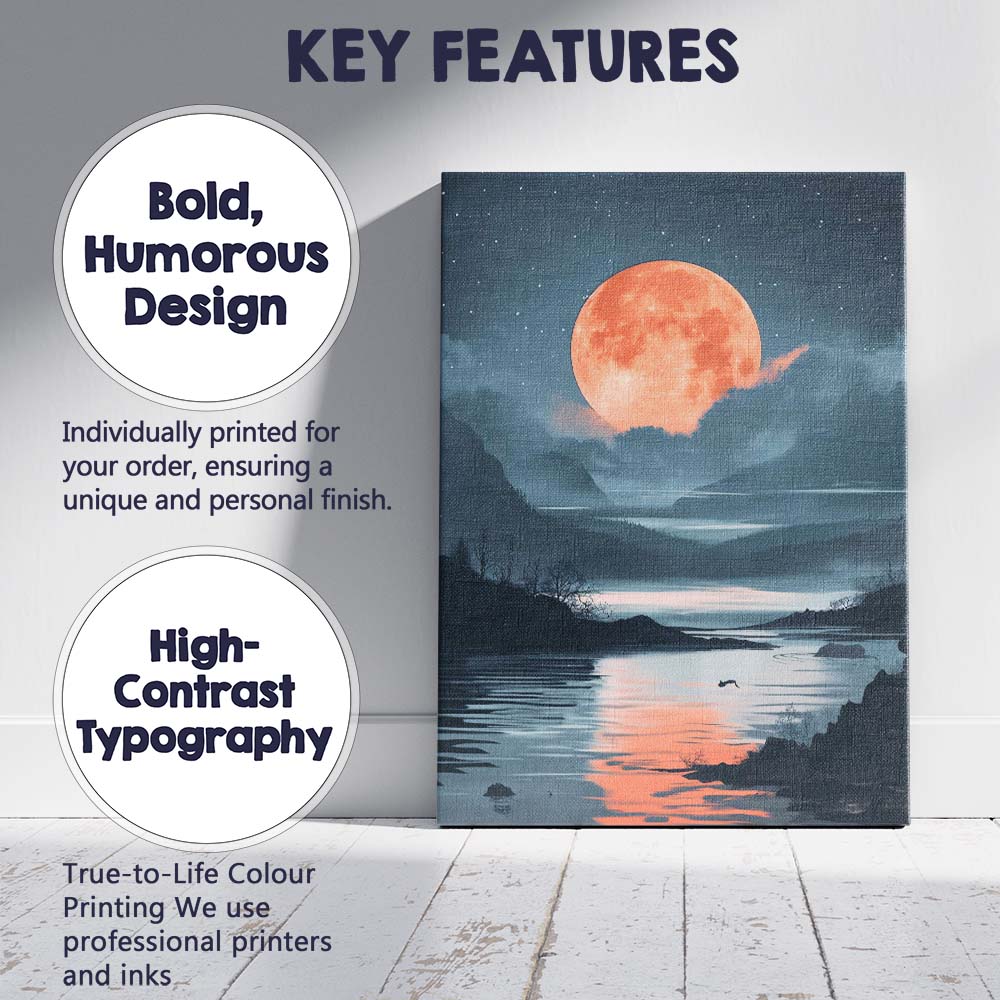 Coral Full Moon Tranquil Lake Night Landscape Canvas Wall Art Print Decor Picture Ready to Hang