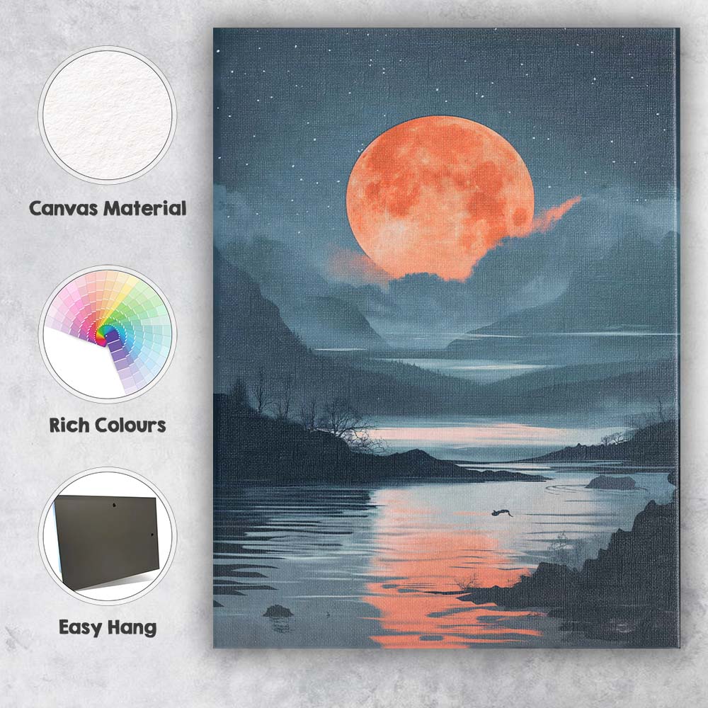 Coral Full Moon Tranquil Lake Night Landscape Canvas Wall Art Print Decor Picture Ready to Hang