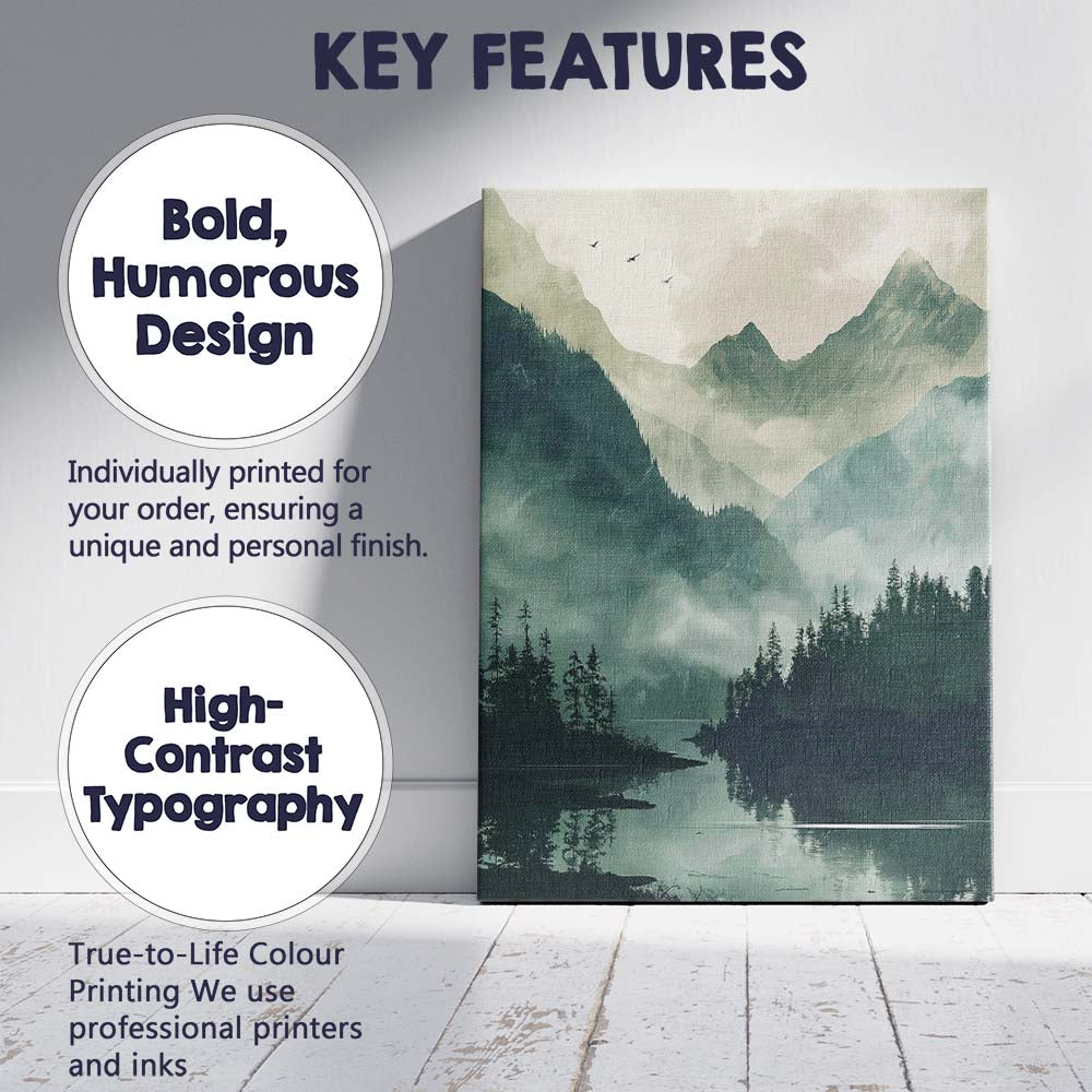 Misty Evergreen Forest Mountain Lake Atmospheric Landscape Canvas Wall Art Print Decor Picture Ready to Hang