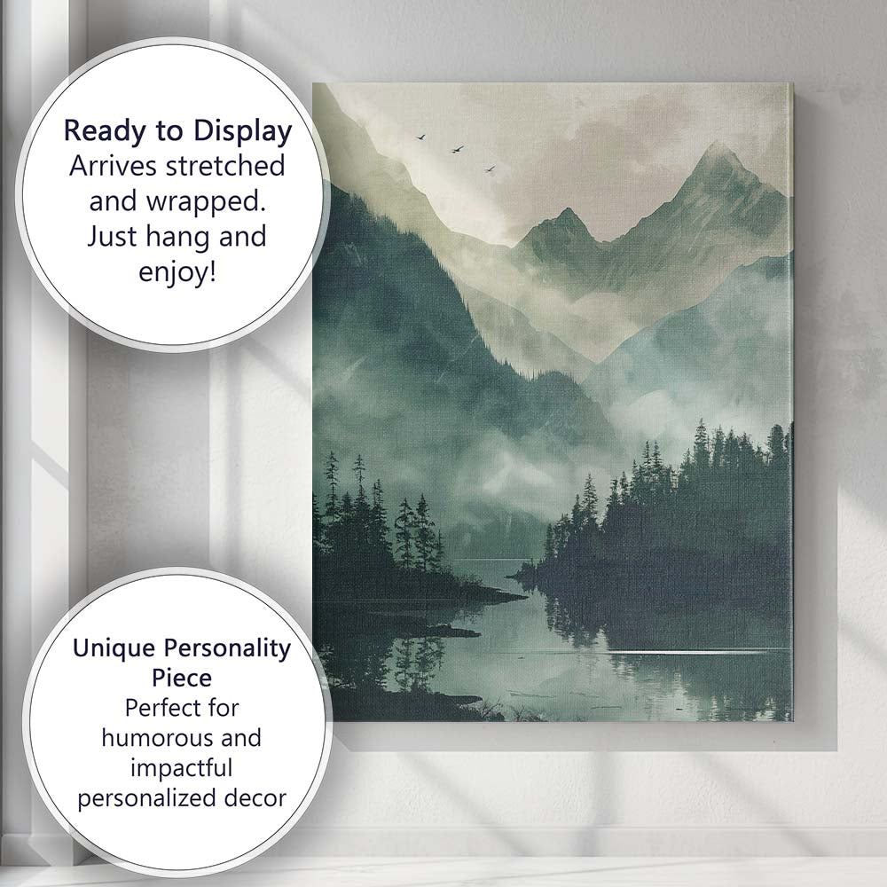 Misty Evergreen Forest Mountain Lake Atmospheric Landscape Canvas Wall Art Print Decor Picture Ready to Hang