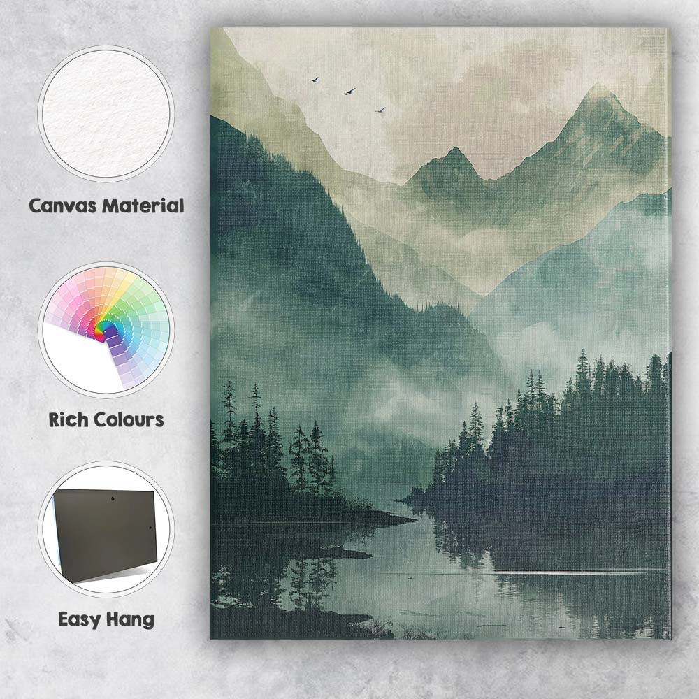 Misty Evergreen Forest Mountain Lake Atmospheric Landscape Canvas Wall Art Print Decor Picture Ready to Hang