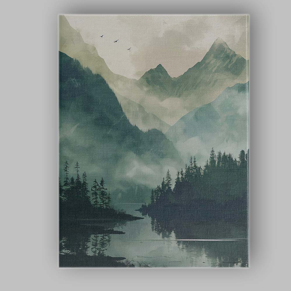 Misty Evergreen Forest Mountain Lake Atmospheric Landscape Canvas Wall Art Print Decor Picture Ready to Hang
