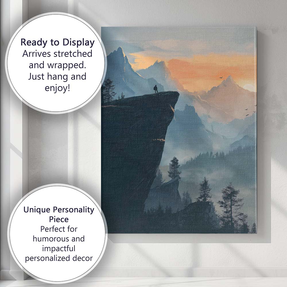 Lone Explorer Mountain Cliff Sunrise Landscape Canvas Wall Art Print Decor Picture Ready to Hang