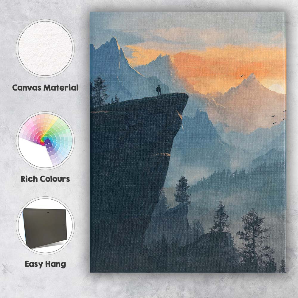 Lone Explorer Mountain Cliff Sunrise Landscape Canvas Wall Art Print Decor Picture Ready to Hang