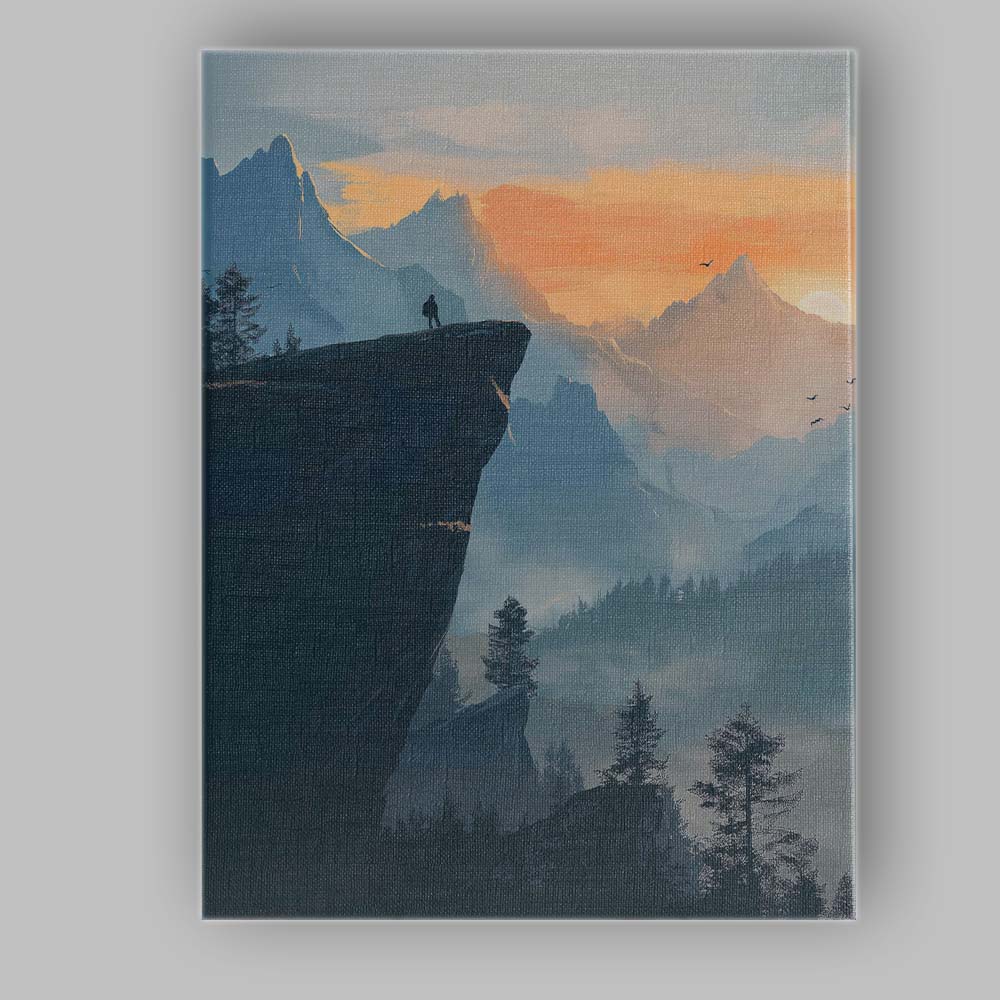 Lone Explorer Mountain Cliff Sunrise Landscape Canvas Wall Art Print Decor Picture Ready to Hang