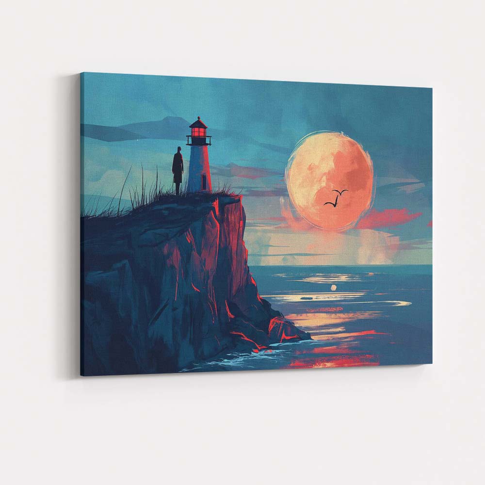 Moonlit Lighthouse Coastal Cliff Seascape Illustration Canvas Wall Art Print Decor Picture Ready to Hang