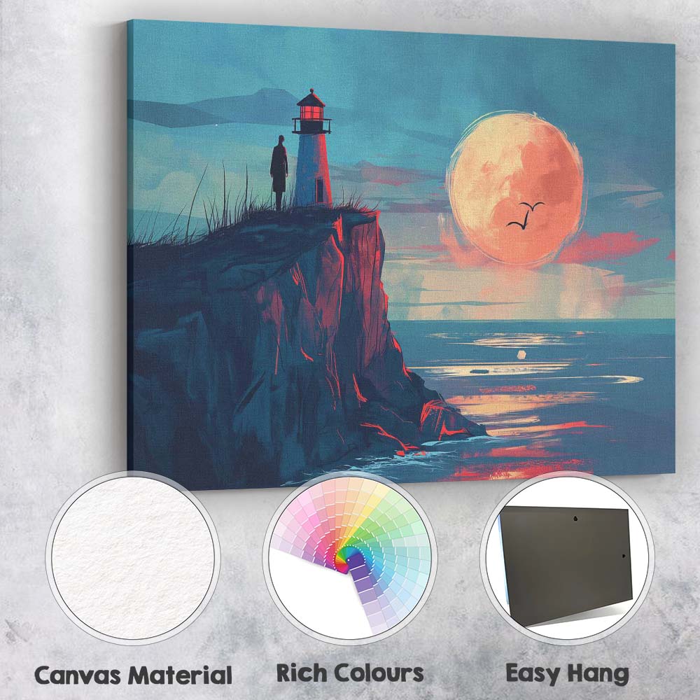 Moonlit Lighthouse Coastal Cliff Seascape Illustration Canvas Wall Art Print Decor Picture Ready to Hang