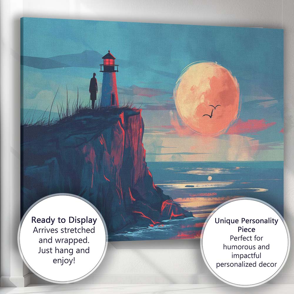 Moonlit Lighthouse Coastal Cliff Seascape Illustration Canvas Wall Art Print Decor Picture Ready to Hang