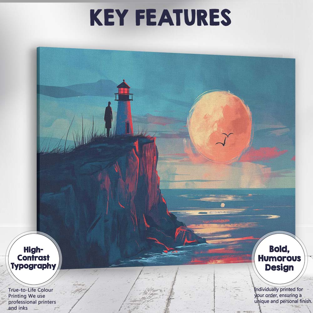 Moonlit Lighthouse Coastal Cliff Seascape Illustration Canvas Wall Art Print Decor Picture Ready to Hang