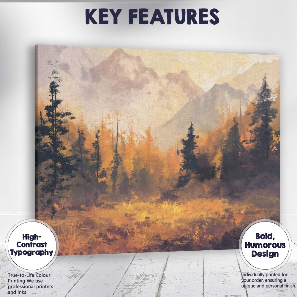 Golden Autumn Forest Mountain Landscape Misty Sunrise Canvas Wall Art Print Decor Picture Ready to Hang