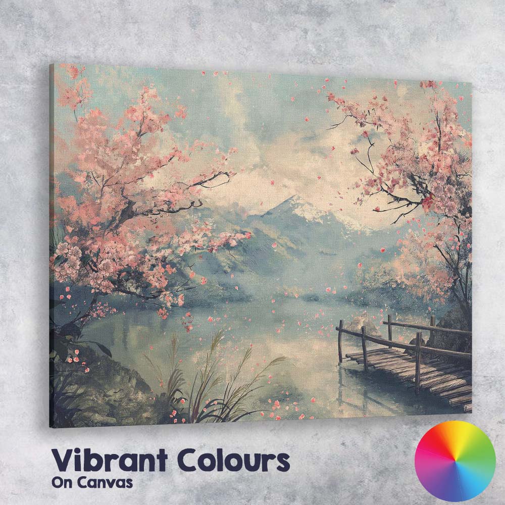 Blossom Tree Mountain Lake Spring Landscape Japanese Inspired Canvas Wall Art Print Decor Picture Ready to Hang