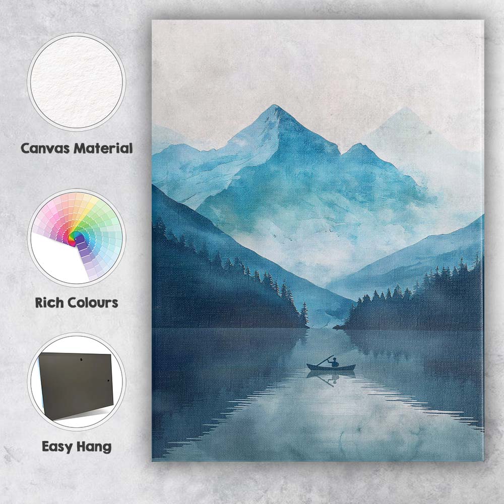Blue Watercolour Mountain Lake Lone Boat Serene Landscape Canvas Wall Art Print Decor Picture Ready to Hang