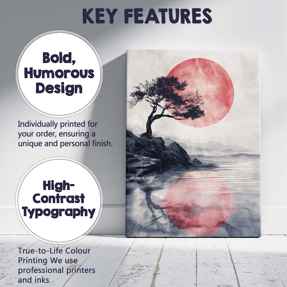 Japanese Style Red Sun Lone Tree Waterside Landscape Canvas Wall Art Print Decor Picture Ready to Hang