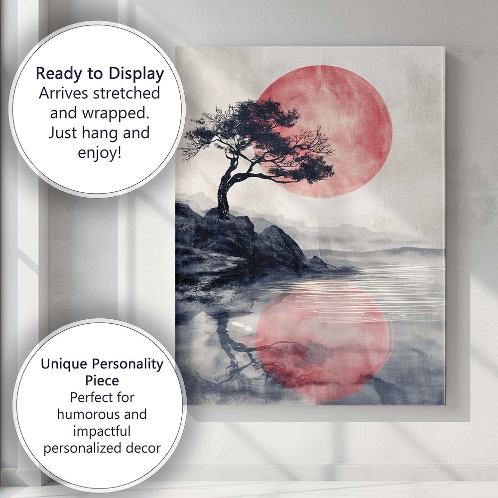 Japanese Style Red Sun Lone Tree Waterside Landscape Canvas Wall Art Print Decor Picture Ready to Hang