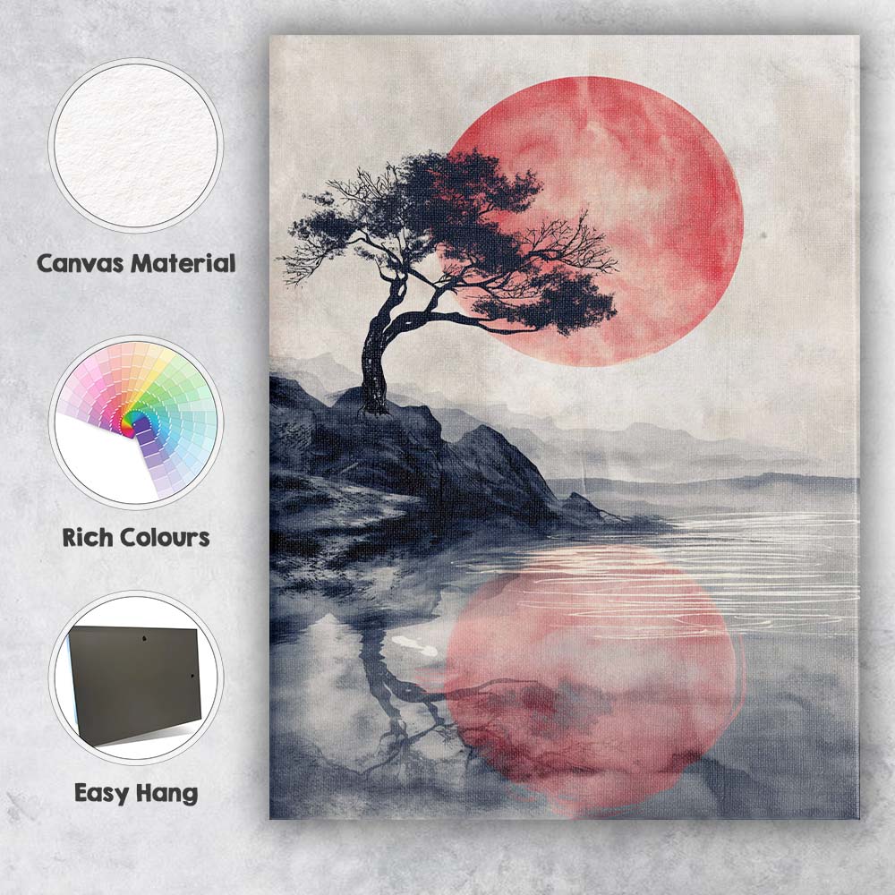 Japanese Style Red Sun Lone Tree Waterside Landscape Canvas Wall Art Print Decor Picture Ready to Hang