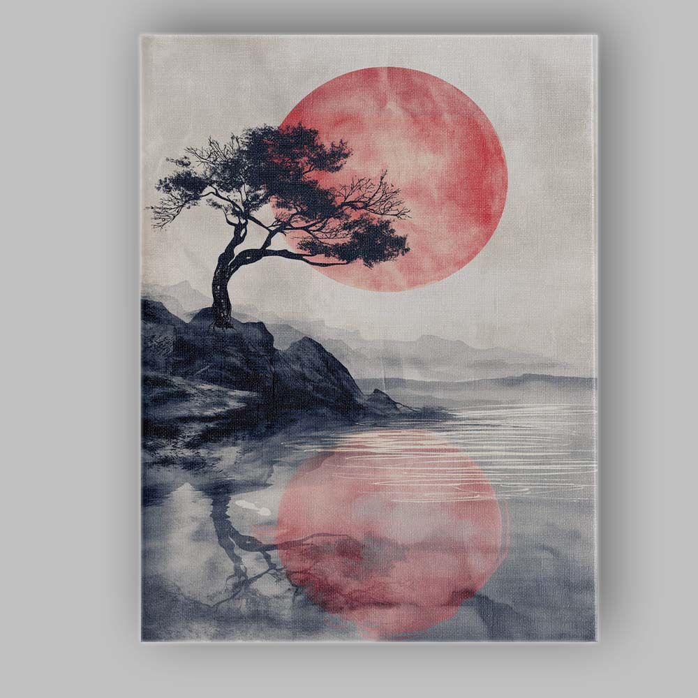 Japanese Style Red Sun Lone Tree Waterside Landscape Canvas Wall Art Print Decor Picture Ready to Hang