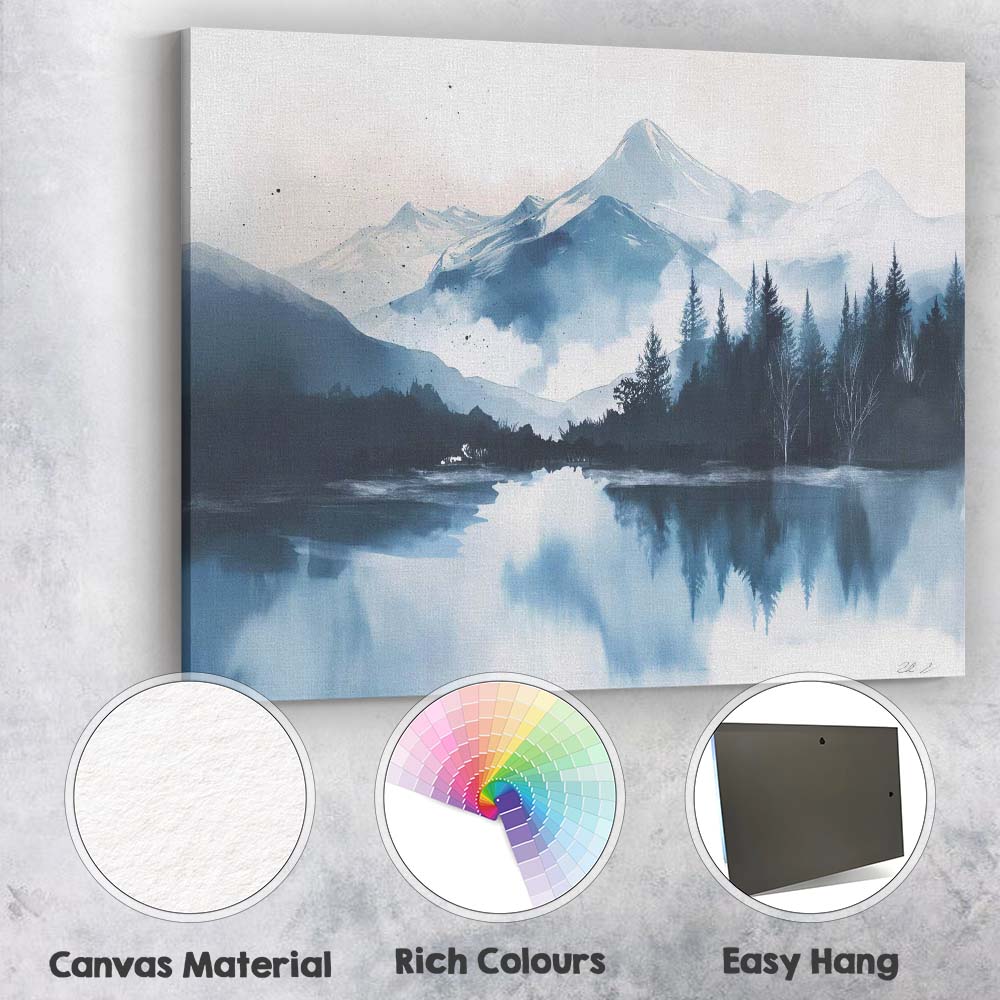Blue Watercolour Snowy Mountain Lake Forest Reflection Landscape Canvas Wall Art Print Decor Picture Ready to Hang