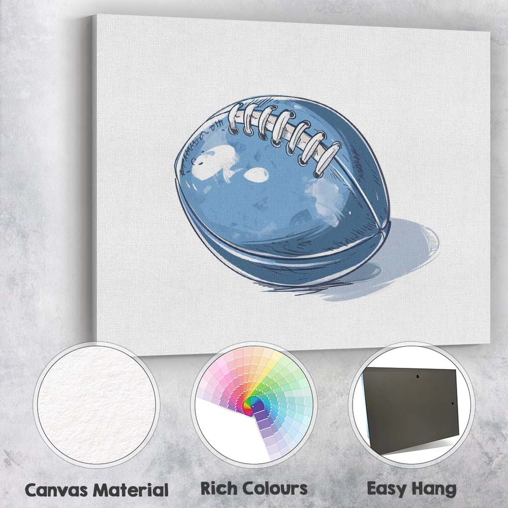Blue American Football Sports Ball Illustration Canvas Wall Art Print Decor Picture Ready to Hang
