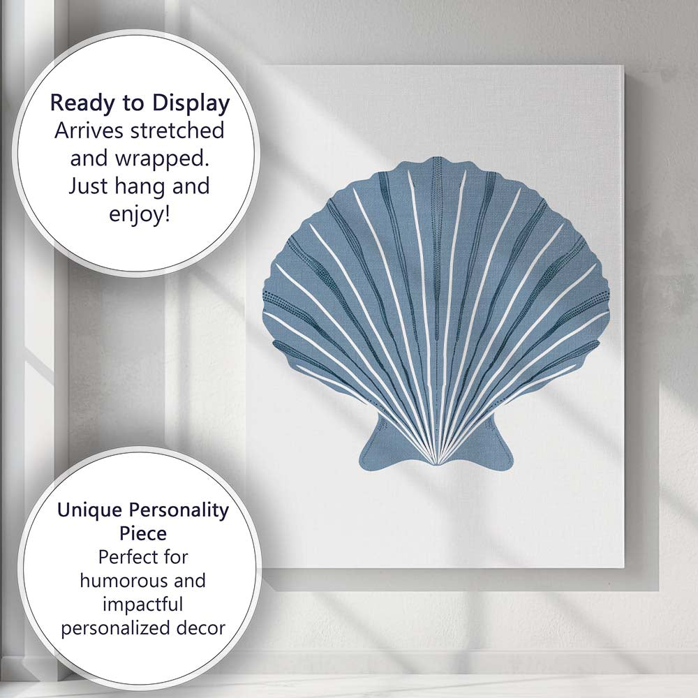 Minimalist Light Blue Scallop Seashell Coastal Illustration Canvas Wall Art Print Decor Picture Ready to Hang