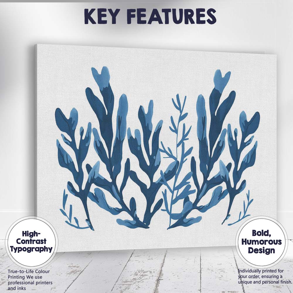Blue Watercolour Seaweed Botanical Coastal Illustration Canvas Wall Art Print Decor Picture Ready to Hang
