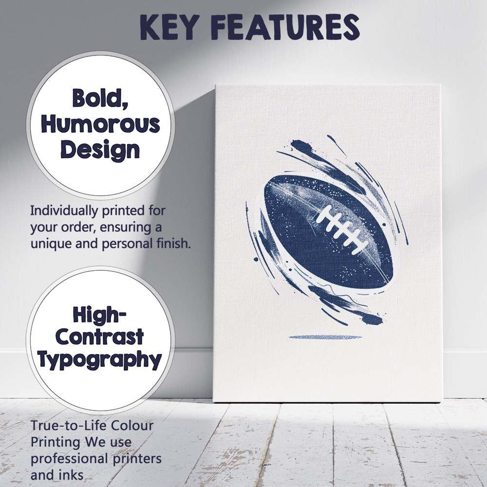 Spinning American Football Abstract Sports Illustration Blue Monochrome Canvas Wall Art Print Decor Picture Ready to Hang