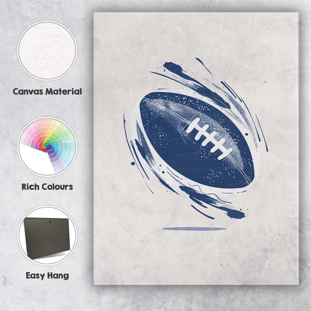 Spinning American Football Abstract Sports Illustration Blue Monochrome Canvas Wall Art Print Decor Picture Ready to Hang