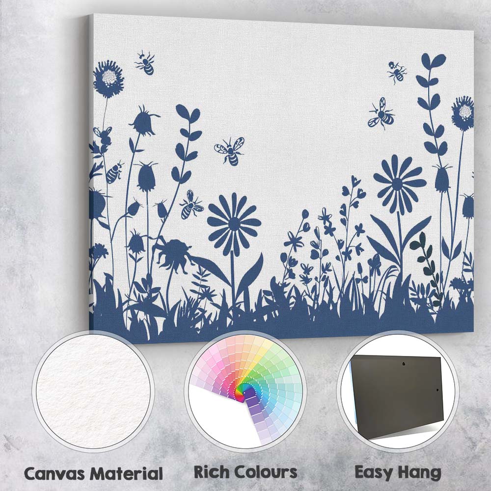 Wildflower Meadow Bees Botanical Silhouette Nature Illustration Canvas Wall Art Print Decor Picture Ready to Hang