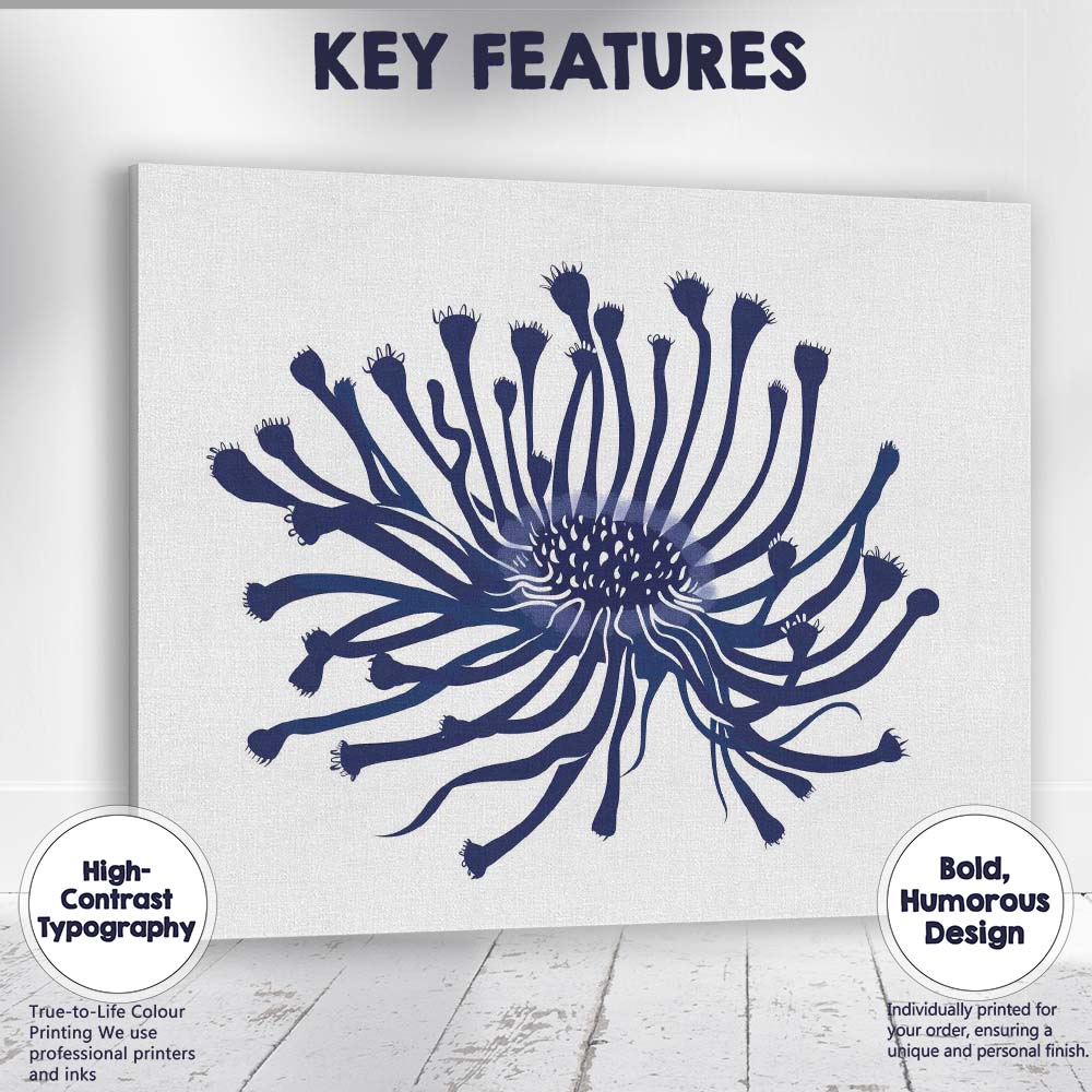 Navy Blue Abstract Coral Flower Botanical Illustration Canvas Wall Art Print Decor Picture Ready to Hang