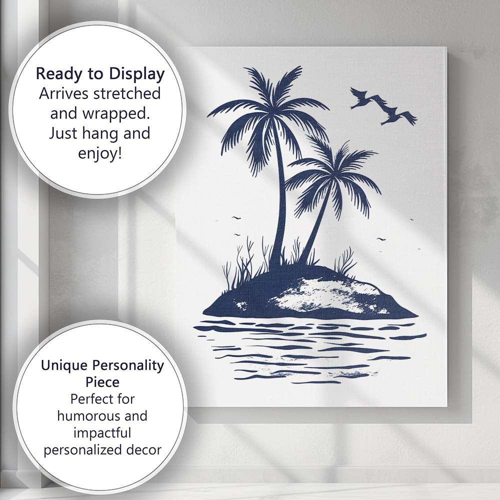 Navy Blue Tropical Palm Trees Island Coastal Silhouette Canvas Wall Art Print Decor Picture Ready to Hang