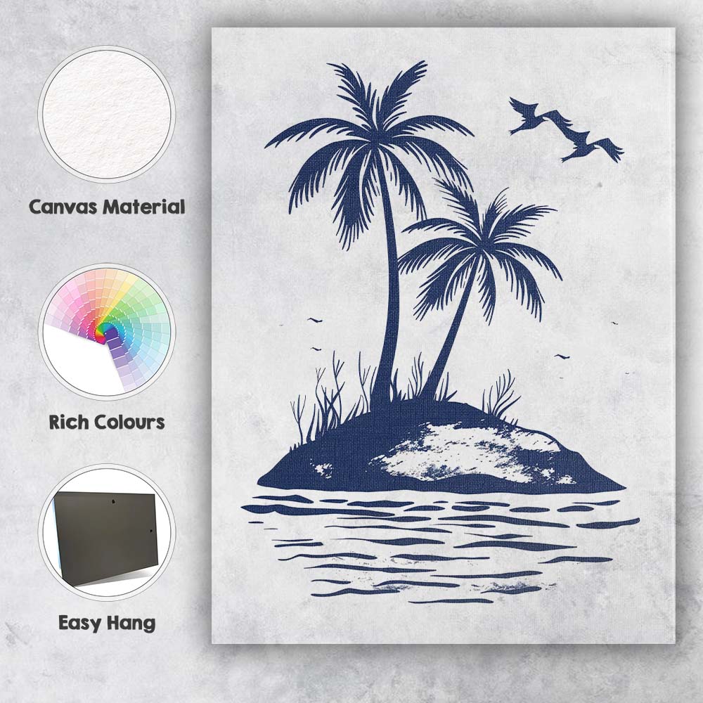 Navy Blue Tropical Palm Trees Island Coastal Silhouette Canvas Wall Art Print Decor Picture Ready to Hang