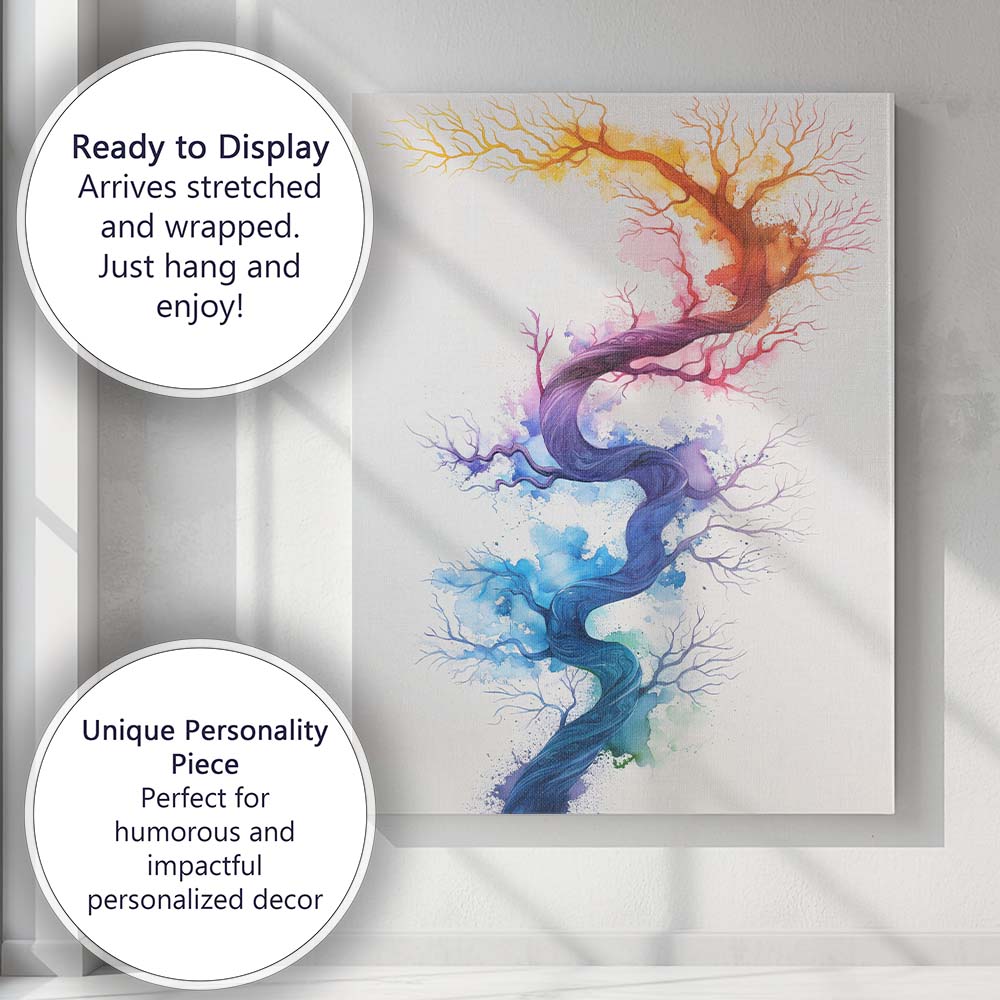 Rainbow Watercolour Twisting Tree Abstract Nature Illustration Canvas Wall Art Print Decor Picture Ready to Hang