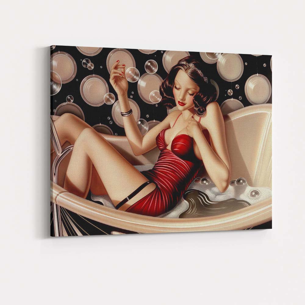 Art Deco Glamour Woman Relaxing in Bubble Bath Illustration Canvas Wall Art Print Decor Picture Ready to Hang
