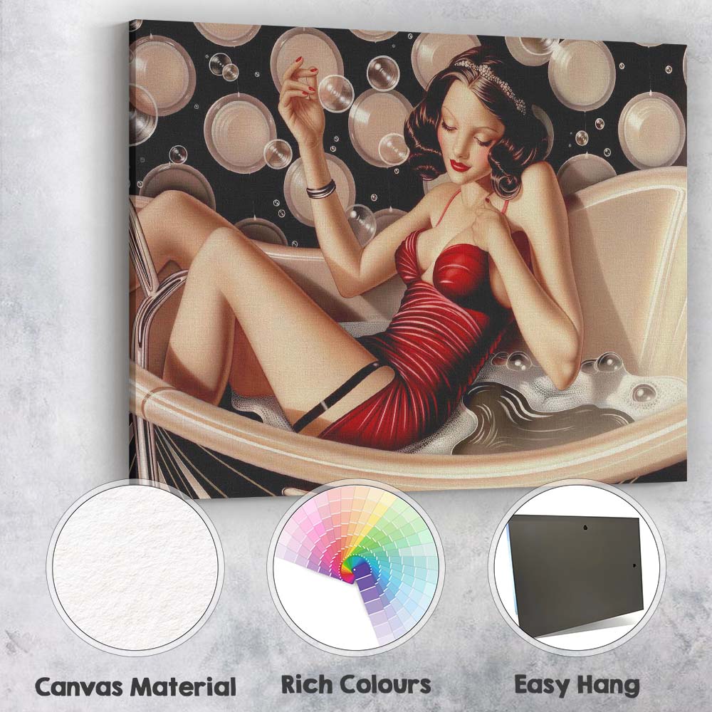 Art Deco Glamour Woman Relaxing in Bubble Bath Illustration Canvas Wall Art Print Decor Picture Ready to Hang