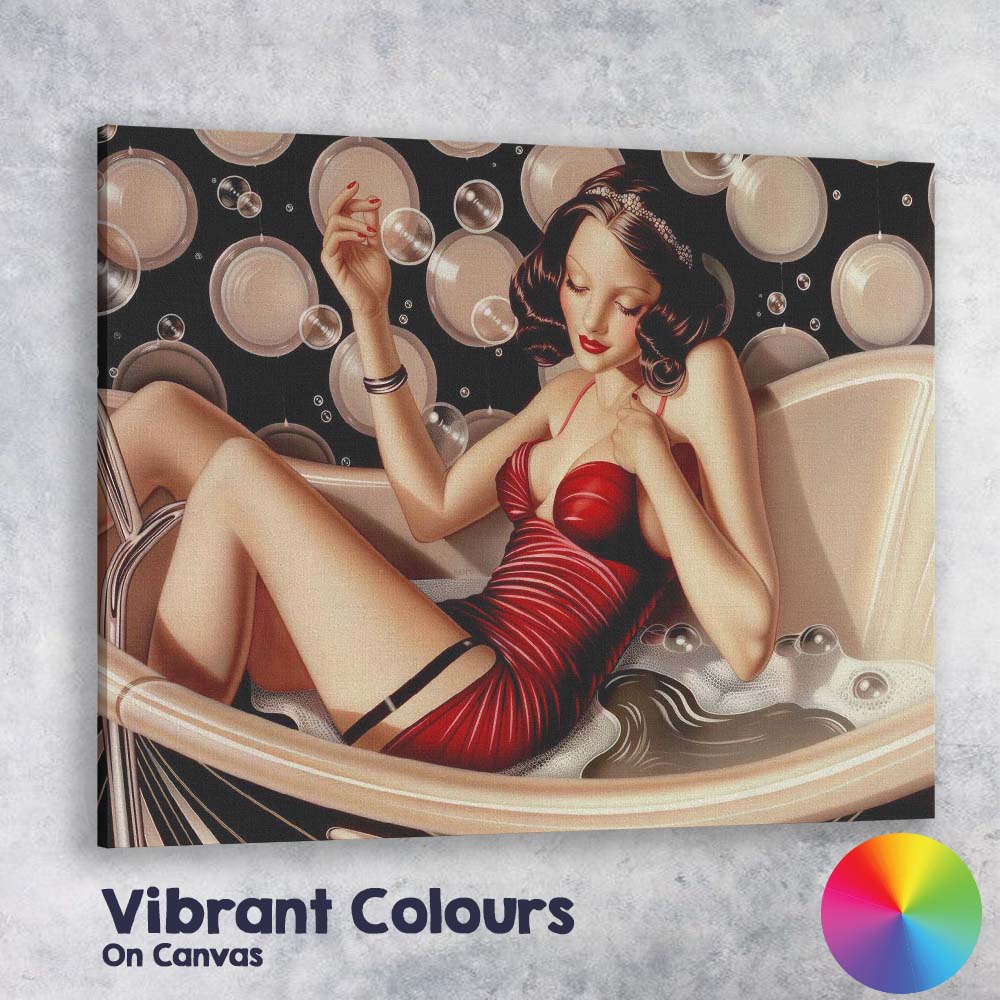 Art Deco Glamour Woman Relaxing in Bubble Bath Illustration Canvas Wall Art Print Decor Picture Ready to Hang