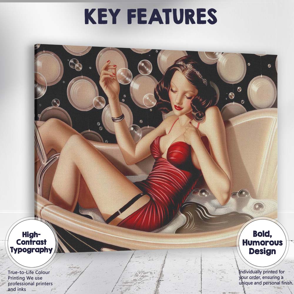 Art Deco Glamour Woman Relaxing in Bubble Bath Illustration Canvas Wall Art Print Decor Picture Ready to Hang