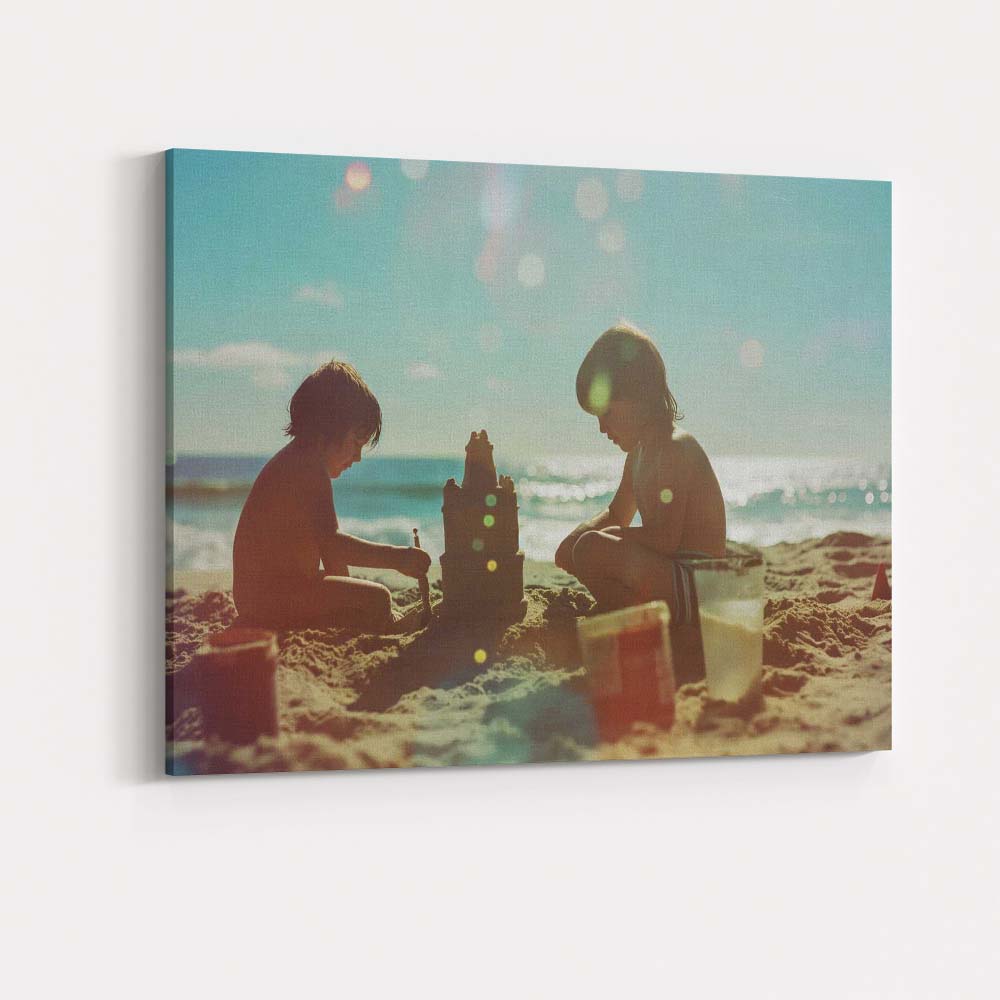 Children Building Sandcastle on Sunny Beach Photography Canvas Wall Art Print Decor Picture Ready to Hang