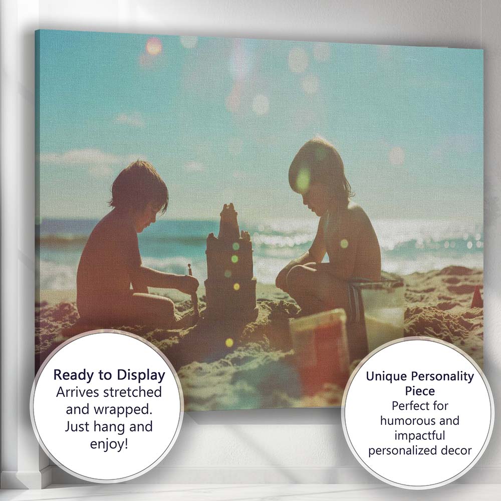 Children Building Sandcastle on Sunny Beach Photography Canvas Wall Art Print Decor Picture Ready to Hang