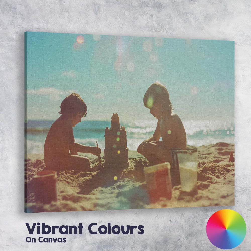 Children Building Sandcastle on Sunny Beach Photography Canvas Wall Art Print Decor Picture Ready to Hang