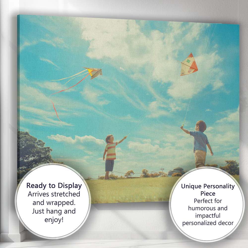 Children Flying Colourful Kites Summer Blue Sky Photography Canvas Wall Art Print Decor Picture Ready to Hang