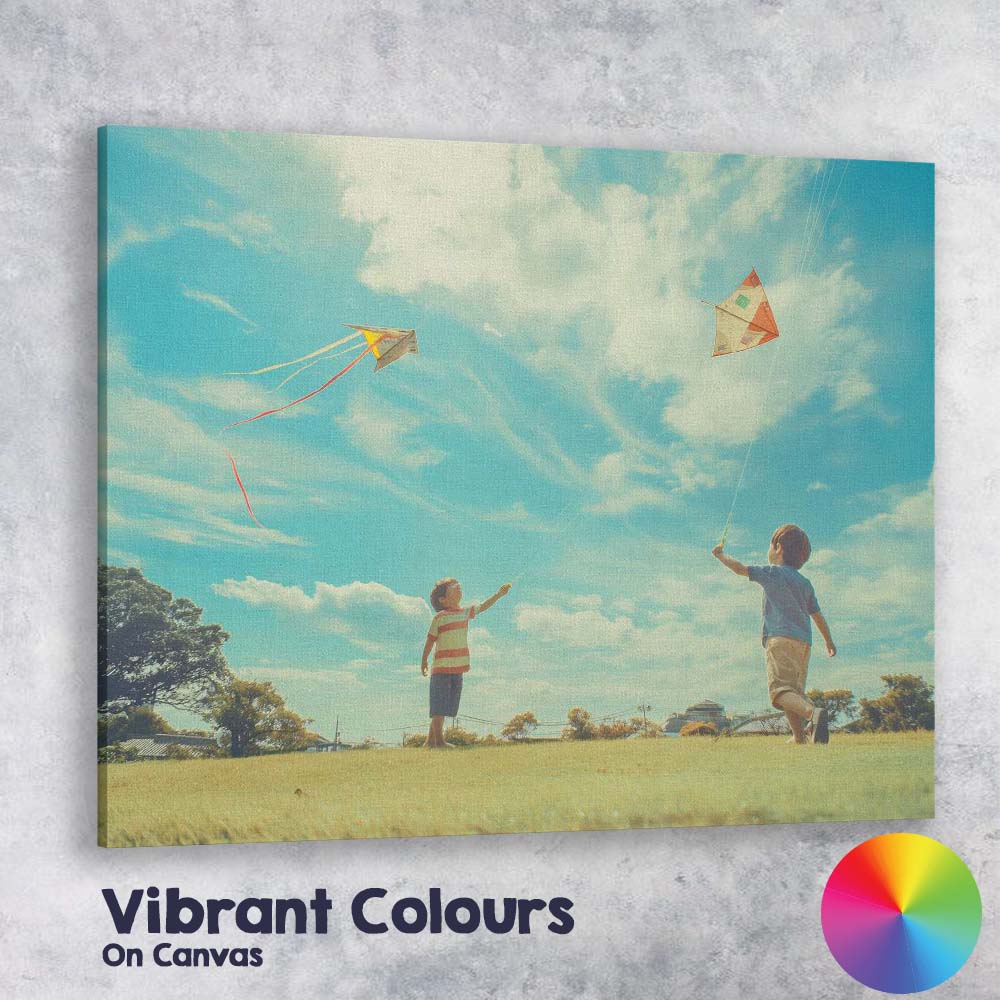 Children Flying Colourful Kites Summer Blue Sky Photography Canvas Wall Art Print Decor Picture Ready to Hang