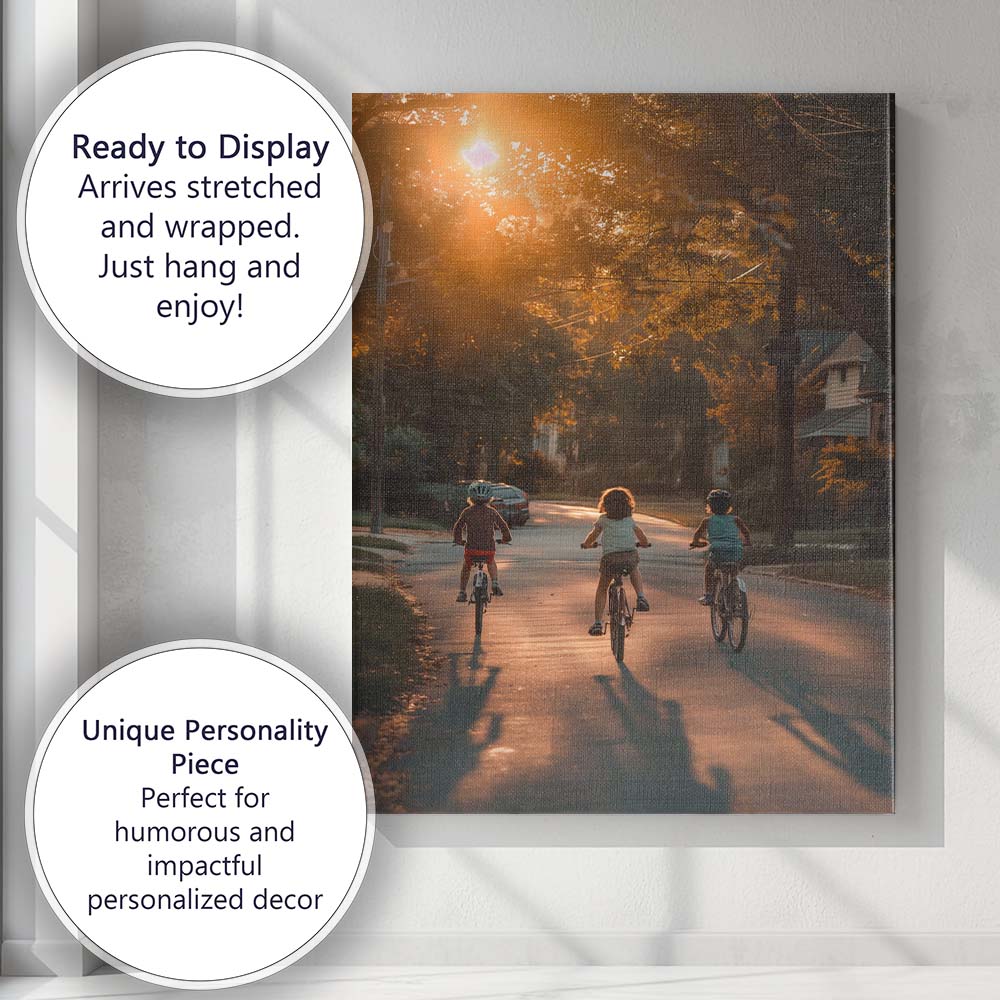 Children Cycling Along Tree Lined Street at Sunset Photography Canvas Wall Art Print Decor Picture Ready to Hang