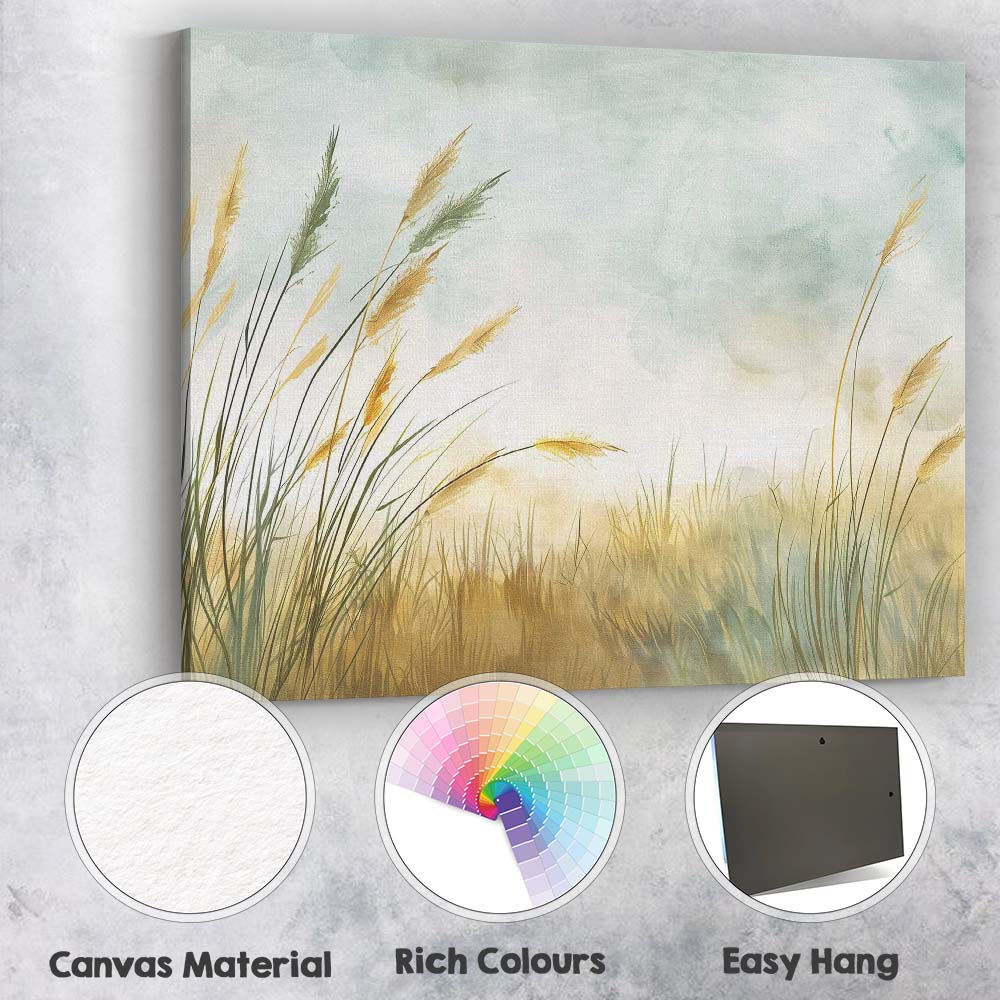 Golden Reed Meadow Misty Watercolour Landscape Canvas Wall Art Print Decor Picture Ready to Hang