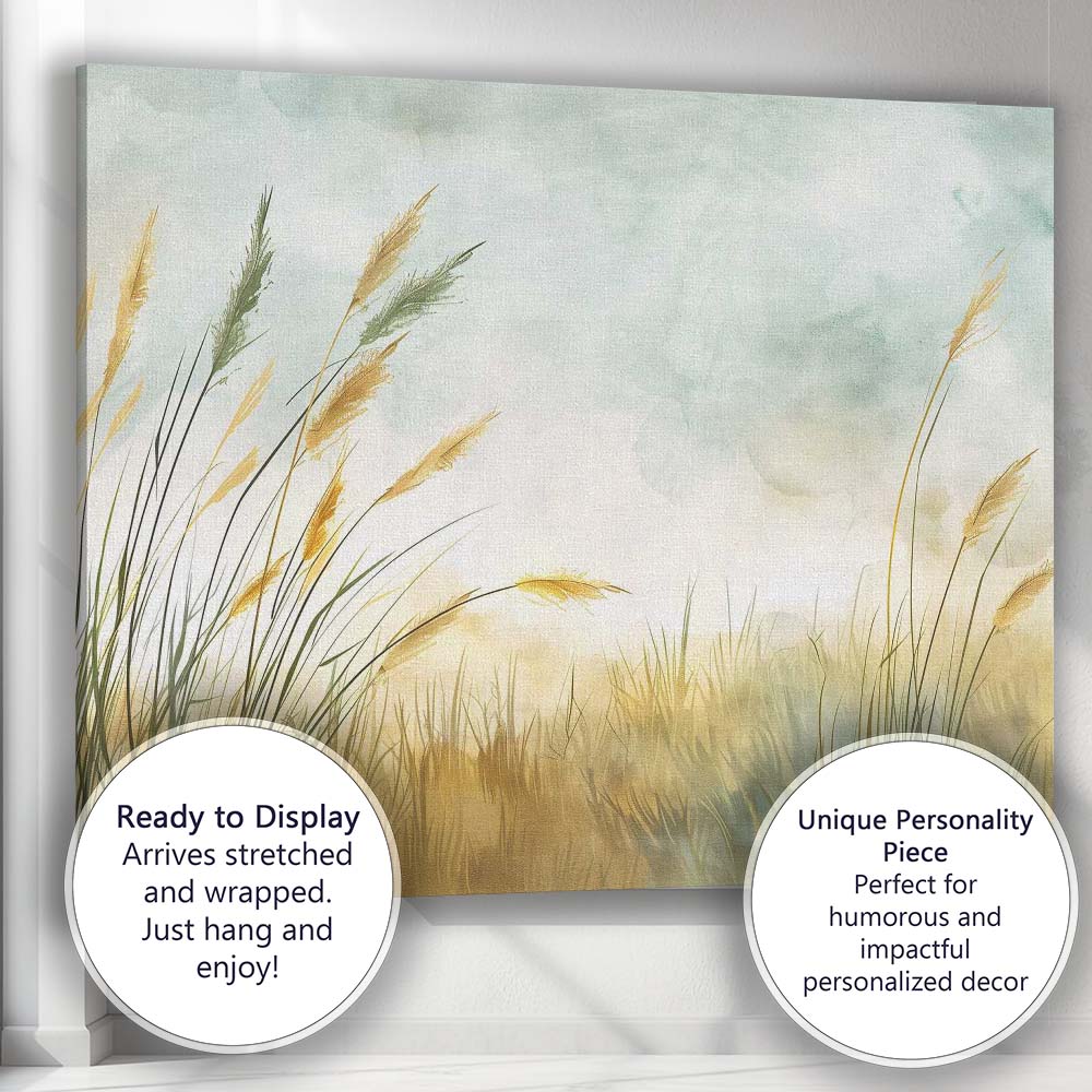Golden Reed Meadow Misty Watercolour Landscape Canvas Wall Art Print Decor Picture Ready to Hang