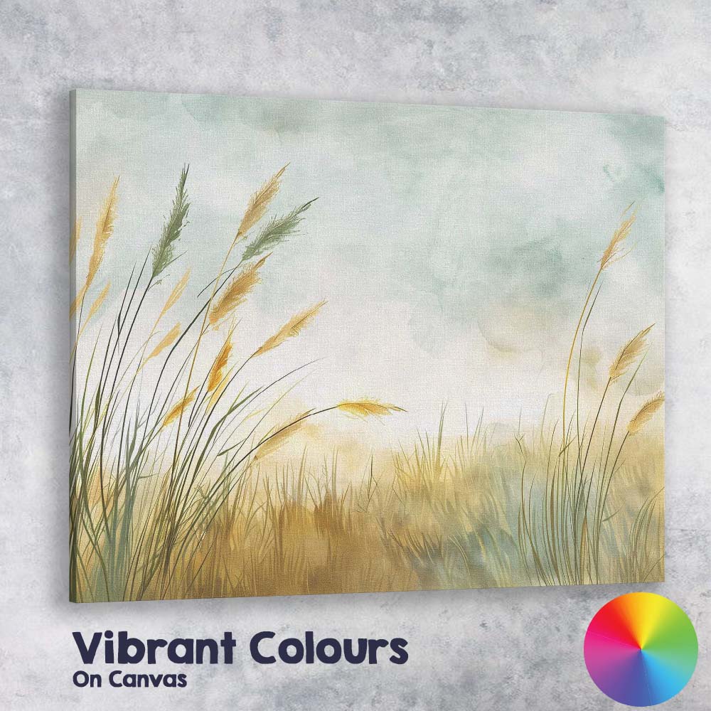 Golden Reed Meadow Misty Watercolour Landscape Canvas Wall Art Print Decor Picture Ready to Hang