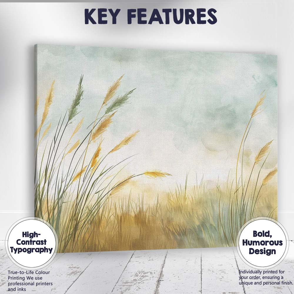 Golden Reed Meadow Misty Watercolour Landscape Canvas Wall Art Print Decor Picture Ready to Hang