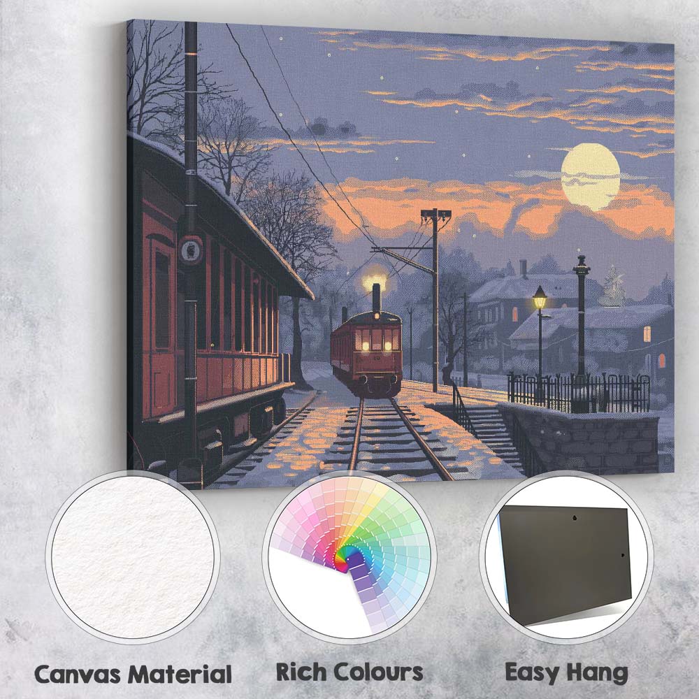 Snowy Village Railway Moonlight Winter Landscape Canvas Wall Art Print Decor Picture Ready to Hang