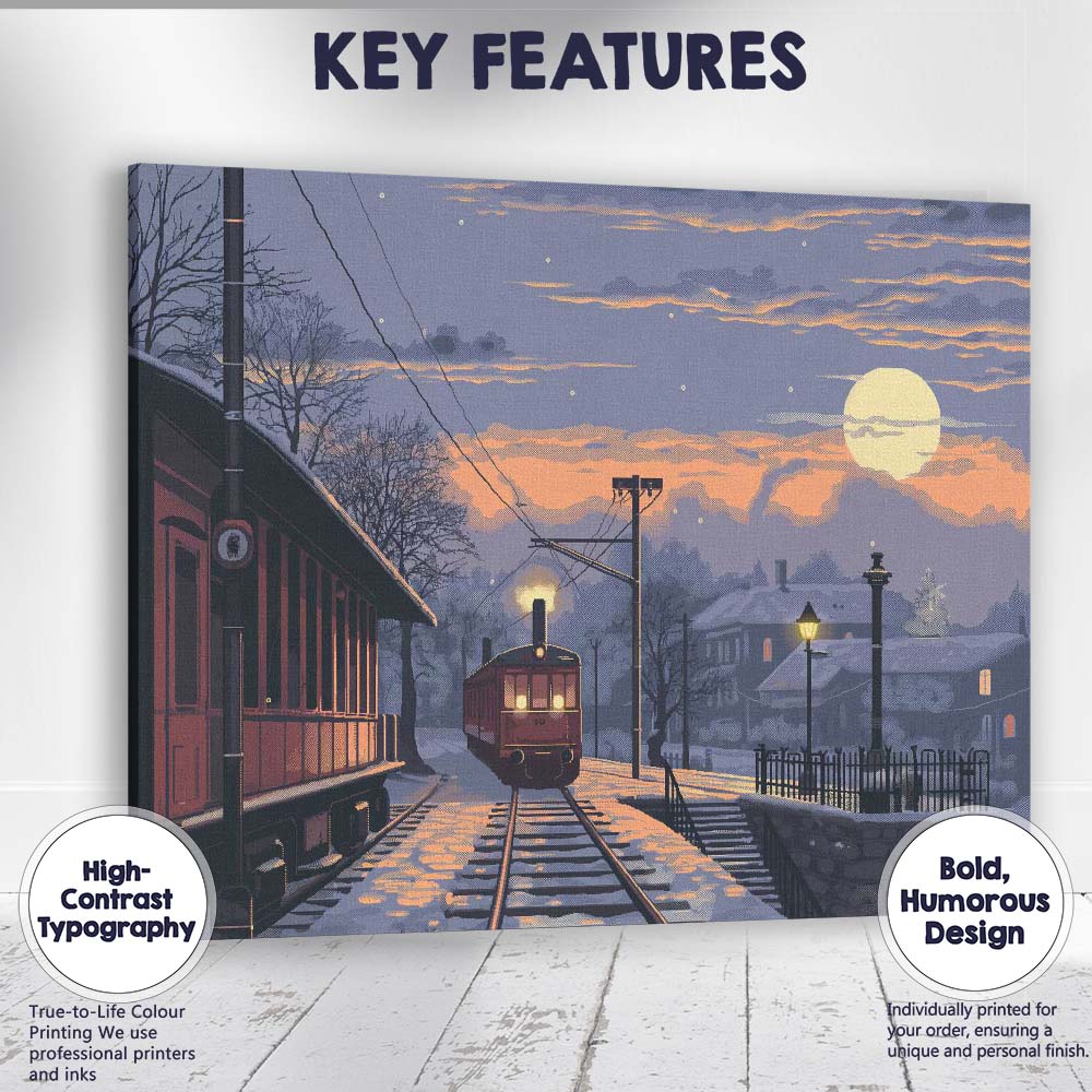 Snowy Village Railway Moonlight Winter Landscape Canvas Wall Art Print Decor Picture Ready to Hang