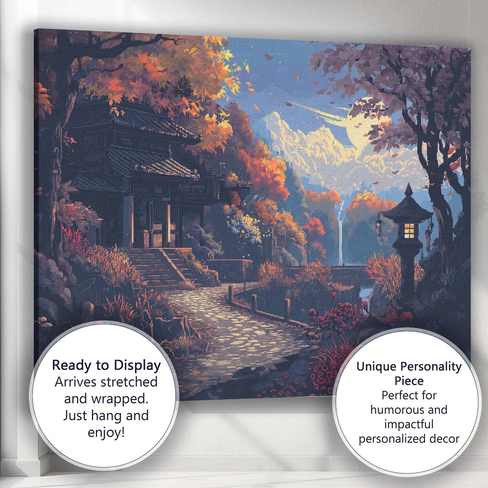 Moonlit Japanese Garden Autumn Temple Landscape Digital Art Canvas Wall Art Print Decor Picture Ready to Hang