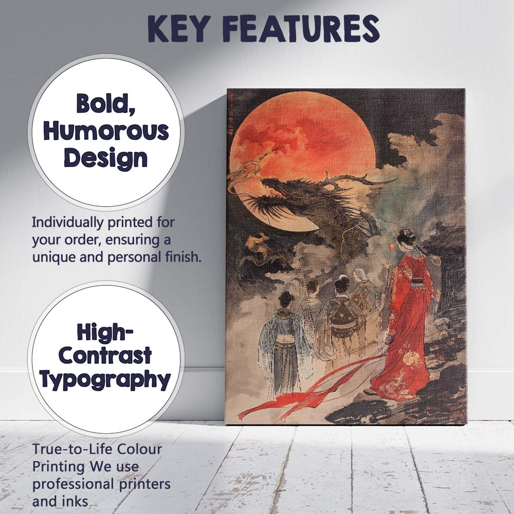 Traditional Chinese Dragon Red Moon Oriental Ink Painting Canvas Wall Art Print Decor Picture Ready to Hang